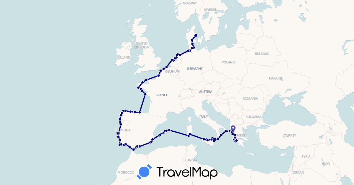 TravelMap itinerary: driving in Belgium, Germany, Denmark, Spain, France, Greece, Italy, Jersey, Netherlands, Portugal (Europe)